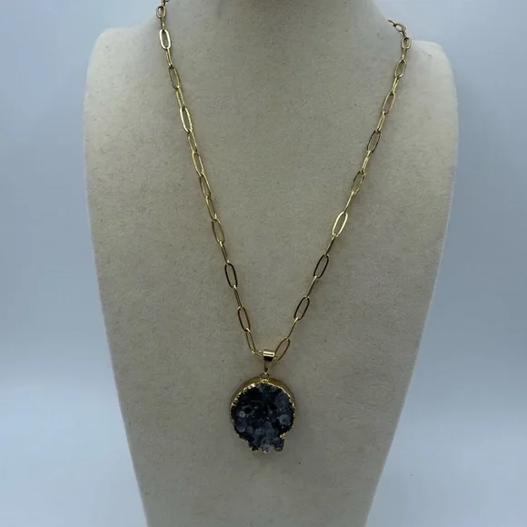 Druzy Amethyst Skull Pendant with Gold Plated Siding on Stainless Steel Chain - Picture 7 of 9